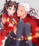  1boy 1girl archer blue_eyes brown_eyes carrying fate/stay_night fate_(series) iincho_(airi8751) princess_carry tohsaka_rin toosaka_rin two_side_up white_hair 