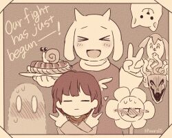  >o< 0_0 1boy 1girl 2016 2d 2others =_= ambiguous_gender animal animal_ears annoying_dog anthro artist_name barefoot behind_another blush border brown_background brown_hair creature delta_rune_(symbol) delta_rune_print digital_media dog double_v droopy_ears english_text fangs female floppy_ears flower flowey_(undertale) frisk_(undertale) furry furry_female ghost goat goat_ears goat_girl goat_horns holding holding_food horns human long_sleeves looking_to_the_side mammal moldessa monochrome monster monster_girl multiple_others napstablook open_mouth parsnik pastry pie plant portrait powaro02 robe sepia shirt short_hair simple_background snail solid_circle_eyes solid_eyes straight-on sweat text toriel twitter_username undertale upside-down utdr_(toby_fox) v white_fur white_horns x_arms yellow_border 