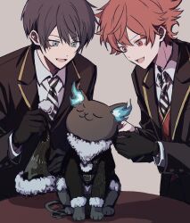  1other 2boys :d ace_trappola black_hair closed_mouth creature deuce_spade green_eyes grim_(twisted_wonderland) hat highres iceee63 looking_at_another multiple_boys necktie open_mouth red_eyes santa_hat school_uniform smile twisted_wonderland 