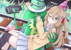  1boy 1girl ahoge aqua_bow aqua_bowtie blue_eyes blue_sailor_collar blue_skirt blush bow bowtie brown_hair camcorder camera cardigan closed_mouth covered_eyes crying dated dutch_angle feet_out_of_frame grass hair_between_eyes hair_intakes hair_ornament hair_ribbon hat heart heart_hair_ornament highres holding holding_camera hug kermit_the_frog light_particles long_hair long_sleeves miniskirt muppets neuro-sama one_eye_closed open_mouth outdoors party_hat pleated_skirt railroad_tracks red_ribbon ribbon sailor_collar signature skirt smile streaming_tears tears turtle twitter_username two_side_up vedal987 vedal_ai video_camera virtual_youtuber vrchat y.l.q. yellow_cardigan 