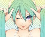  1girl ;p \m/ andrew1998 aqua_hair bare_shoulders blush close-up double_\m/ hair_between_eyes halftone halftone_background hatsune_miku holding_hair long_hair looking_at_viewer one_eye_closed solo tongue tongue_out twintails violet_eyes vocaloid winking 
