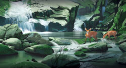  2others animal branch commentary deer english_commentary landscape lorenzo_lanfranconi moss multiple_others nature original painterly pond rock scenery water waterfall 