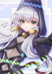  1girl altina_orion animal_ear_hood animal_hood artist_name breasts double-parted_bangs eiyuu_densetsu green_eyes hair_flaps highres hood hood_up long_hair looking_at_viewer nu_bo_bo_o sen_no_kiseki_(series) sen_no_kiseki_ii sen_no_kiseki_iii simple_background small_breasts stasis_tank tight_clothes white_hair 