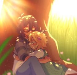  1boy 1girl alternate_skin_color bandaid bandaid_on_finger bandaid_on_hand basil_(faraway)_(omori) basil_(omori) black_hair blonde_hair blue_eyes blue_pants blurry blurry_background closed_eyes closed_mouth collared_shirt commentary crying crying_with_eyes_open dark-skinned_female dark-skinned_male dark_skin denim donuqx english_commentary flower green_sweater_vest grey_hoodie hair_flower hair_ornament hood hood_down hoodie hug jeans jewelry medium_hair mincy_(omori) multicolored_hair necklace omori pants roots_(hair) shirt short_hair short_sleeves sidelocks sitting star_(symbol) star_necklace striped_clothes striped_hoodie sweater_vest tears tree tumblr_username white_shirt 