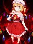  1girl ascot blonde_hair blood blood_on_face bobby_socks cross dress eventh7 flandre_scarlet hat highres holding laevatein looking_at_viewer mary_janes moon red_eyes shoes side_ponytail smile smirk socks solo touhou wings 