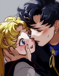  1boy 1girl bangs bishoujo_senshi_sailor_moon black_hair blonde_hair blue_eyes blurry blush full-face_blush half-closed_eyes hand_on_another&#039;s_face incipient_kiss mayo_(becky2006) open_mouth parted_bangs seiya_kou sweatdrop touching tsukino_usagi 