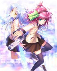  2girls angel_beats! beretta_92 black_hairband black_skirt black_thighhighs blunt_bangs bow closed_mouth commentary_request eyes_visible_through_hair fighting_stance floating_hair foreshortening full_body goto_p green_bow green_eyes grey_hair gun hair_bow hairband hand_sonic handgun highres holding holding_gun holding_weapon jacket kneehighs legs long_hair looking_at_viewer medium_hair miniskirt multiple_girls nakamura_yuri neck_ribbon official_alternate_costume outstretched_arms photoshop_(medium) pleated_skirt purple_hair ribbon school_uniform sidelocks simple_background skirt smile socks tachibana_kanade thigh-highs weapon white_background white_socks yellow_eyes yellow_jacket yellow_ribbon zettai_ryouiki 