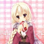  1girl amairo_islenauts blonde_hair box braid brown_eyes chaamii gift gift_box holding long_hair looking_at_viewer scarf shirley_warwick single_braid smile solo 