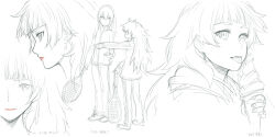  2girls ahoge blunt_bangs food highres hiyajou_maho holding holding_food ice_cream_cone licking lipstick long_hair makeup makise_kurisu menomorute messy_hair monochrome multiple_girls pointing ponytail profile racket red_lips science_adventure sketch solo steins;gate steins;gate_0 tennis_racket track_suit very_long_hair 
