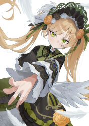  1girl black_flower black_rose blonde_hair bonnet commentary dress earrings expressionless feathers flower flower-trimmed_dress frilled_dress frills green_bonnet green_eyes highres jewelry kumari2311 lolita_fashion long_hair mahou_shoujo_no_majo_saiban pointing rose simple_background solo tono_hanna twintails very_long_hair white_background white_flower white_rose yellow_flower yellow_rose 