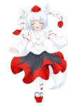  1girl ^_^ animal_ears bare_shoulders blush breasts closed_eyes detached_sleeves fang happy hat highres inubashiri_momiji open_mouth pom_pom_(clothes) scionofaiur shirt short_hair silver_hair simple_background skirt solo tail tokin_hat touhou white_background white_shirt wolf_ears wolf_tail 