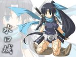  1girl :d black_gloves black_hair blue_eyes commentary_request fingerless_gloves gloves gomasamune headband kneeling long_hair minakuchi_(oshiro_collection) ninja ninjatou open_mouth oshiro_collection ponytail pose smile solo translation_request zoom_layer 