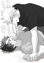  2boys arm_up bakugou_katsuki boku_no_hero_academia clenched_teeth clothes_grab commentary_request covering_another's_mouth crew_neck eye_contact grabbing_another's_shirt greyscale hand_over_another's_mouth highres looking_at_another male_focus midoriya_izuku monochrome multiple_boys multiple_scars oroshi_mi scar scar_on_arm scar_on_cheek scar_on_face shirt short_hair short_sleeves speech_bubble spiky_hair t-shirt teeth watermark 