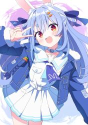  1girl :d animal_ear_fluff animal_ears blue_hair blue_jacket blue_necktie blue_ribbon blush carrot_hair_ornament choker collarbone commentary cowboy_shot double_bun dress food-themed_hair_ornament fur-trimmed_sleeves fur_trim hair_bun hair_ornament hair_ribbon hand_up highres hololive jacket kaie long_hair long_sleeves looking_at_viewer multicolored_hair necktie open_clothes open_jacket open_mouth rabbit-shaped_pupils rabbit_ears rabbit_girl red_eyes ribbon sailor_collar sidelocks smile solo streaked_hair symbol-shaped_pupils thick_eyebrows usada_pekora v virtual_youtuber white_choker white_dress white_sailor_collar white_streaks 