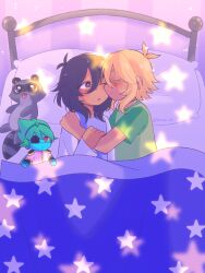  1boy 1girl alternate_skin_color antenna_hair basil_(faraway)_(omori) basil_(omori) blonde_hair blush brown_eyes captain_spaceboy character_doll closed_mouth commentary dark-skinned_female dark-skinned_male dark_skin doll donuqx double-parted_bangs english_commentary green_shirt hair_between_eyes hand_on_another's_arm hand_on_another's_shoulder head_on_pillow hetero hug long_sleeves looking_at_another lying medium_hair mincy_(omori) omori on_bed on_side one_eye_closed pajamas parted_lips pillow shirt short_hair short_sleeves sidelocks smile stuffed_raccoon stuffed_toy tumblr_username under_covers 