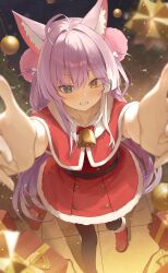  1girl absurdres ahoge animal_ear_fluff animal_ears bell black_pantyhose blue_eyes brown_eyes capelet christmas christmas_ornaments christmas_present clrawing commentary_request dress foot_out_of_frame foreshortening fox_ears fox_girl from_above fur-trimmed_capelet fur-trimmed_dress fur-trimmed_shoes fur_trim gift grin hair_intakes hair_ornament heterochromia highres korean_commentary long_hair looking_at_viewer neck_bell pantyhose pom_pom_(clothes) pom_pom_hair_ornament pov purple_hair reaching reaching_towards_viewer red_capelet red_dress red_shoes shoes smile solo standing stellive tenko_shibuki tile_floor tiles very_long_hair virtual_youtuber 