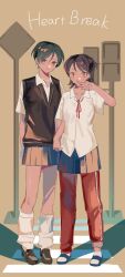  2girls black_hair black_sweater_vest blue_sandals blue_skirt brown_eyes brown_shoes collared_shirt commentary_request crosswalk ear_piercing earrings full_body futsuu_no_keion-bu group_name hand_up hatono_chihiro highres jewelry kouyama_rin light_smile loafers locked_arms loose_socks miniskirt multiple_girls neck_ribbon no_hair_ornament pants pants_under_skirt piercing pixie_cut pleated_skirt red_pants red_ribbon renren_9240 ribbon road_sign sandals school_uniform shirt shoes short_hair short_sleeves sign skirt slides socks standing sweater_vest track_pants traffic_light untucked_shirt v white_shirt white_socks 