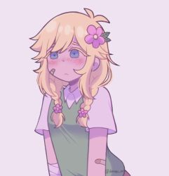  1girl antenna_hair bandaid bandaid_on_arm bandaid_on_cheek bandaid_on_face basil_(faraway)_(omori) basil_(omori) braid closed_mouth collared_shirt commentary donuqx double-parted_bangs english_commentary flower freckles genderswap genderswap_(mtf) grey_background hair_between_eyes hair_flower hair_ornament long_hair low_twin_braids omori shirt short_sleeves sidelocks simple_background solo tumblr_username twin_braids upper_body white_shirt 