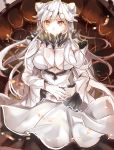  1girl breasts cleavage covered_mouth dress highres horns kantai_collection large_breasts long_hair midway_hime pale_skin shinkaisei-kan takitou very_long_hair white_dress white_hair white_skin yellow_eyes 