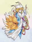  1girl animal_ears blonde_hair fox_mask fox_tail hat marker_(medium) mask multiple_tails ponpoko short_hair smile solo tabard tail touhou traditional_media yakumo_ran yellow_eyes 