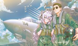 1boy 1girl aircraft airplane american_flag anversailles battleship commentary commission double_v dragon_girl english_commentary gloves hair_ornament hand_on_another's_arm helmet heterochromia highres holding holding_unworn_helmet horns indie_virtual_youtuber long_hair military military_vehicle pete_"maverick"_mitchell pointy_ears ship sunglasses top_gun unworn_headwear unworn_helmet v vaipyre_(vtuber) warship watercraft 