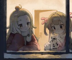  2girls absurdres blonde_hair blush closed_mouth collared_shirt commentary condensation door drawing_(action) from_outside glass_writing hair_bun heart highres long_hair long_sleeves multiple_girls natori_sana saigou_r_irori sana_channel scarf shirt snow symbol-only_commentary two_side_up umamisui upper_body virtual_youtuber white_scarf white_shirt 