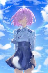  1girl blue_skirt blurry blurry_foreground breasts closed_eyes closed_mouth cowboy_shot cropped_jacket fate/grand_order fate_(series) feathers high-waist_skirt highres jacket mash_kyrielight open_clothes open_jacket purple_hair shirt short_hair skirt smile solo sun suwa_(swk_kkk) white_feathers white_jacket white_shirt 