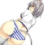  1girl 5240mosu animal_ears ass blush from_behind grey_hair looking_at_viewer looking_back mouse mouse_ears mouse_tail nazrin no_pants panties red_eyes short_hair sketch sportswear striped striped_panties tail thigh-highs touhou underwear white_background white_legwear 