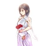  1girl bouquet breasts brown_eyes brown_hair cape collaboration colored dress flower inaba_himeko kokoro_connect monorus see-through short_hair sleeveless sleeveless_dress smile solo source_request watermelon_(artist) white_background 