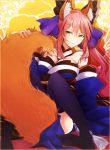  1girl animal_ears bare_shoulders black_legwear blush breasts caster_(fate/extra) cleavage detached_sleeves fate/extra fate_(series) fox_ears fox_tail hair_ornament hair_ribbon japanese_clothes large_breasts long_hair looking_at_viewer obi pink_hair ribbon sash smile solo tail tail_grab yellow_eyes 