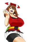  1girl bandana belt bike_shorts blue_eyes breasts brown_hair cleavage gigantic_breasts haruka_(pokemon) holding holding_poke_ball huge_breasts maydrawfag poke_ball pokemon pokemon_(game) sagging_breasts short_hair shorts_under_skirt solo transparent_background twintails 