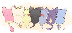  animal_ear_fluff animal_ears animal_focus black_fur brown_fur cat cat_ears cat_tail espurr from_behind glameow green_fur grey_fur highres litten meowth no_humans pink_fur pokemon pokemon_(creature) pokemon_focus purple_fur purrloin skitty sprigatito tail whiskers yupo_0322 