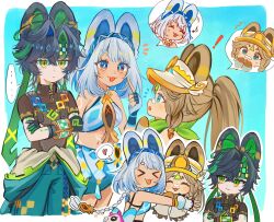  ! ... aqua_headband aqua_pants arm_tattoo bandana bandana_around_neck blue_hairband body_markings braid chinchilla_ears chinchilla_girl crossed_bangs fingerless_gloves fish-shaped_pupils fur-lined_gloves fur-trimmed_mittens fur_trim genshin_impact gloves green_bandana green_headband hairband hawaiian_clothes headband heart highres jaguar_girl kachina_(genshin_impact) kinich_(genshin_impact) low_twin_braids mittens mualani_(genshin_impact) multicolored_gloves multicolored_pants nanase_sato orange_mittens orange_visor pants speech_bubble tan tanlines tattoo twin_braids two-tone_gloves visor_cap white_visor 