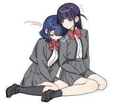  2girls anyaaa66 arm_at_side between_legs black_skirt blue_hair blunt_bangs blush bow bowtie brown_shoes closed_eyes collared_shirt commentary_request full_body grey_jacket grey_skirt hanayagi_kaoruko hand_between_legs hand_on_lap head_on_another's_shoulder heads_together highres jacket kneehighs loafers long_hair long_sleeves looking_at_another looking_to_the_side medium_hair miniskirt motion_lines multiple_girls notice_lines open_clothes open_jacket parted_lips pleated_skirt puff_of_air purple_hair red_bow red_bowtie school_uniform seishou_music_academy_uniform shirt shoes shoujo_kageki_revue_starlight sidelocks simple_background sitting skirt socks tsuyuzaki_mahiru two_side_up v-shaped_eyebrows violet_eyes wariza white_background white_shirt yuri 
