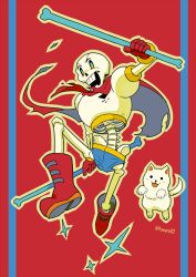  1boy 2016 2d animal annoying_dog armor artist_name blue_background blue_shorts bone boots cape digital_media dog dual_wielding duo dynamic_pose fighting_stance gloves holding holding_bone humanoid male male_focus male_only monster monster_boy open_mouth outline papyrus_(undertale) powaro02 red_background red_boots red_cape red_gloves shorts simple_background skeleton solid_circle_eyes solid_eyes teeth twitter_username two-tone_background undead undertale utdr_(toby_fox) white_armor yellow_outline 