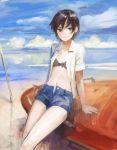  1girl arm_support beach bikini_top black_hair green_eyes highres looking_at_viewer nababa open_clothes open_shirt original short_hair shorts sitting solo 