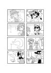  4koma alternate_costume bow braid comic food hair_bow hair_ornament hair_ribbon hair_tubes hakurei_reimu hat highres kirisame_marisa kunitori leaf_hair_ornament long_hair monochrome moriya_suwako multiple_4koma multiple_girls open_mouth pizza pizza_delivery ribbon rope shimenawa short_hair smile snake touhou translation_request uniform witch_hat yasaka_kanako 