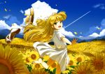  1girl barefoot blonde_hair dress fang flower hat hat_removed headwear_removed idolmaster idolmaster_cinderella_girls jougasaki_rika long_hair looking_at_viewer looking_back namidate open_mouth outstretched_arms petals shoes_removed smile solo spread_arms sunflower twintails two_side_up wind yellow_eyes 