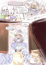  2016 2boys 2d 2koma armor artist_name blonde_hair blue_dress blue_jacket blush book bow box cape clothes_grab comic comic_sans couch crossdressing crossdressing_(mtf) digital_media dress duo floor gloves grey_hood holding holding_book holding_magazine hollow_eyes hood hood_down hooded_jacket humanoid indoors jacket magazine male male_focus male_only mettaton mettaton_(box) mirror monster monster_boy multiple_boys on_couch open_clothes open_jacket papyrus_(font) papyrus_(undertale) powaro02 red_cape red_gloves reflection ribbon sans_(undertale) shirt sitting skeleton speech_bubble teeth text twitter_username undead undertale utdr_(toby_fox) white_armor white_shirt wig 