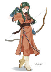  1girl absurdres blue_gloves blunt_ends boots bow_(weapon) closed_mouth commentary_request eyelashes fingerless_gloves fire_emblem fire_emblem:_the_binding_blade full_body gloves green_eyes green_hair headband highres looking_at_viewer pants red_headband red_pants simple_background solo standing sue_(fire_emblem) tsukimura_(d24f4z8j3t) weapon white_background white_boots 