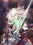 1boy armor balmung_(fate/apocrypha) cape fate/apocrypha fate_(series) green_eyes inanna123 long_hair saber_of_black solo sword weapon white_hair 