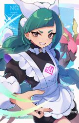  1girl apron black_romper blunt_bangs blush bow bowtie braid braided_ponytail breasts brown_eyes colored_sclera dragalge fish green_hair grin hachimitsu_monte juliet_sleeves leafy_seadragon lebanne_(pokemon) long_braid long_hair long_sleeves maid maid_apron maid_headdress mega_stone open_mouth pokemon pokemon_(creature) pokemon_legends:_z-a puffy_sleeves red_sclera romper seahorse small_breasts smile teeth tsurime white_bow white_bowtie 