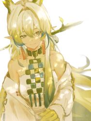  1girl absurdres arknights artist_name bare_shoulders blonde_hair blue_hair blue_streaks closed_mouth collarbone colored_extremities commentary dragon_ears dragon_girl earrings fuyutsuki11 hair_between_eyes highres horns jacket jewelry light_smile long_hair looking_to_the_side multicolored_hair off_shoulder pointy_ears red_pupils shu_(arknights) simple_background solo upper_body white_background white_hair white_jacket yellow_eyes yellow_hands yellow_theme 