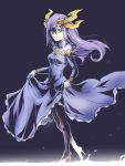  1girl black_legwear blue_eyes bracer dress dress_lift frilled_dress frills genderswap headpiece high_heels horns ishiyumi loki_(p&amp;d) long_hair long_sleeves pantyhose purple_dress purple_hair puzzle_&amp;_dragons sleeves_past_wrists smile solo walking 