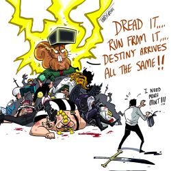  aramaki_(ryokugyu) charlotte_katakuri collapsed dracule_mihawk fainted king_(one_piece) long_hair marco_(one_piece) multiple_boys one_piece queen_(one_piece) rob_lucci roronoa_zoro sanji_(one_piece) sengoku_(one_piece) short_hair squirrel sword toadgashi weapon 