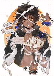  1boy absurdres antenna_hair arknights bandaged_arm bandaged_head bandaged_torso bandages bishounen black_hair black_jacket choshanland_plushy_(arknights) collarbone dark-skinned_male dark_skin earrings elbow_gloves everydayguanghezuoyong gloves half_crown_braid halloween highres holding holding_paper jacket jewelry looking_at_another looking_at_viewer male_focus mummy_costume mystical_high_collar open_clothes open_jacket open_mouth orange_eyes paper ponytail short_hair short_ponytail short_sleeves single_elbow_glove solo sparkle stomach thorns_(arknights) trick_or_treat upper_body white_gloves 