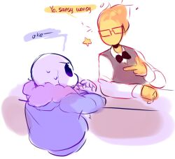  2015 2boys 2d bartender black_bowtie black_pants black_vest blue_jacket bowtie commentary counter digital_media duo elemental_(creature) english_commentary finger_gun fire_elemental flaming_head fur-trimmed_jacket fur_trim glasses grillby hollow_eyes hood hood_down hooded_jacket humanoid jacket male male_focus male_only monster monster_boy multiple_boys no_mouth open_clothes open_jacket orange_skin pants pink_fur pink_slippers sans_(undertale) shirt simple_background skeleton slippers socks speech_bubble star_(symbol) sweat teeth text ttoba undead undertale uniform utdr_(toby_fox) vest white_background white_shirt white_socks 