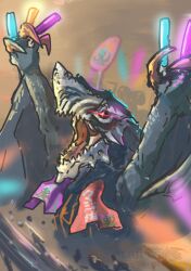  absurdres cheering claws dragon dragon_wings glowing glowing_eyes glowstick gogmazios hand_fan highres holding holding_fan holding_glowstick horns monster monster_focus monster_hunter_(series) monster_hunter_wilds no_humans open_mouth red_eyes rompopolo sauripus scene_reference sharp_teeth spikes stinger teeth umamusume wings 