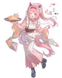  1girl ;d alternate_costume animal_ears apron black_boots black_sash boots cherry_blossoms color_guide commentary_request creamer_(vessel) ear_covers enmaided floral_print floral_print_kimono flower food full_body haru_urara_(umamusume) headband holding holding_tray horse_ears horse_girl horse_tail japanese_clothes kimono lace-up_boots long_hair long_sleeves looking_at_viewer maid maid_headdress obi omelet omurice one_eye_closed open_mouth pink_eyes pink_flower pink_hair pink_kimono ponytail print_kimono red_headband sash simple_background smile solo synzmayu tail tray twitter_username umamusume wa_maid white_apron white_background wide_sleeves 