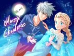  1boy 1girl blonde_hair blue_eyes blush braid dress elsa_(frozen) freckles frozen_(disney) hand_on_another&#039;s_hip hoodie jack_frost_(rise_of_the_guardians) merry_christmas moon nashi_juni reindeer rise_of_the_guardians santa_claus sequins silhouette silver_hair sleigh smile sparkle 